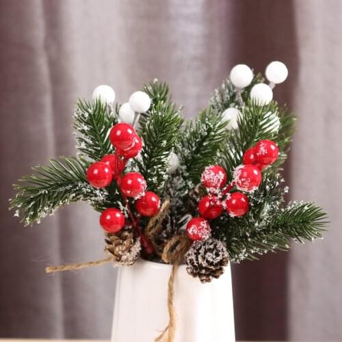 Artificial Flower Red Pearl Stamen Fake Snow Frost Pine Branch Christmas Decoration Diy Artificial Pine Branch Home Floral Decor
