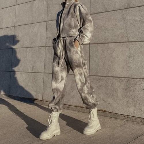 Tie Dye Two Piece Set Zipper Turtleneck Long Sleeve Top Drawstring High Waist Straight Pant 2021 Autumn Fashion Women Pant Set