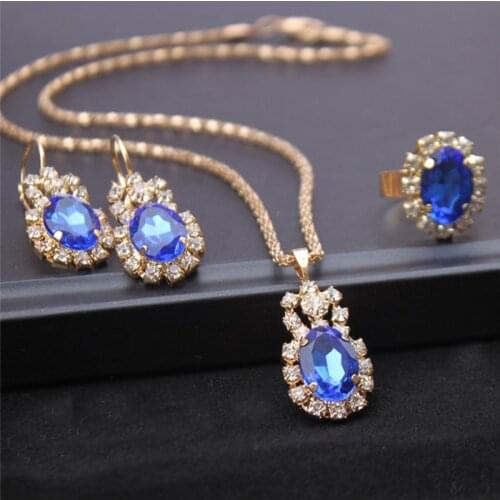 Blue Red White Drop Pendant Fashion Wedding Jewelry Sets Crystal Stone Necklace Earrings Ring Set For Brides Gift