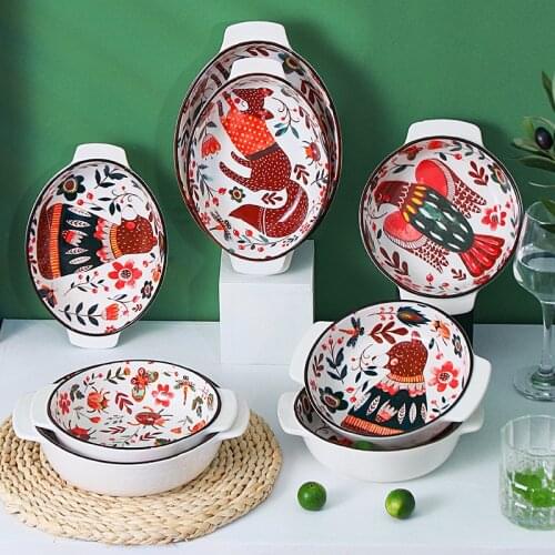 Mori Creative Ins Online Celebrity Ceramic Baking Tray Round Binaural Plate Salad Plate Baked Rice Pasta Plate Ceramic Tableware