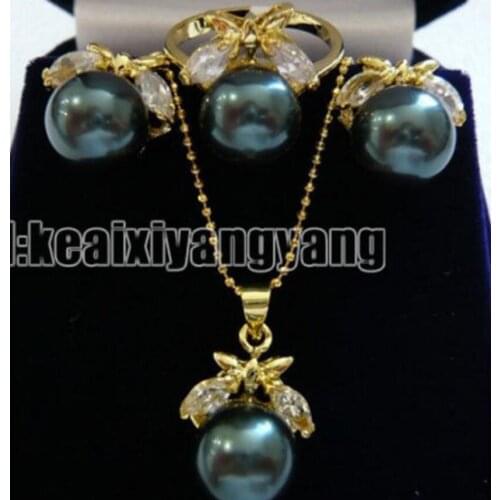 Fashion jewelry Free Shipping Yellow Gold plate Black Shell Pearl CZ Pendant Earring Ring AAA style Fine Noble real Natural