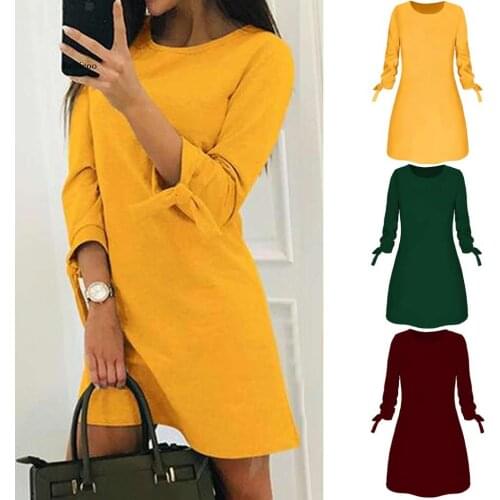 New Summer Dress Women Fashion Solid Dresses Casual O-Neck Loose Dress 3/4 Sleeve Bow Elegant Dress Sukienki Vestidos