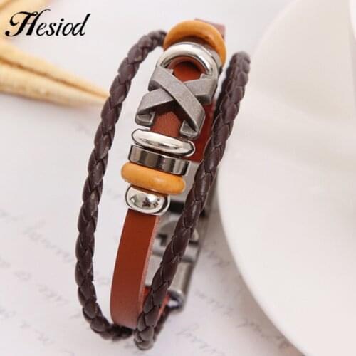 New Brown Unisex Genuine Leather Braid Leather Cross Ring Charm Bracelet Multilayer Wrap Bracelet Men Bracelet Handmade Jewelry