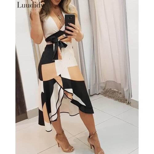 Office Lady V-neck Colorblock Print Midi Dress Aleeveless Tie Waist Ruffles Knotted Irregular Dress
