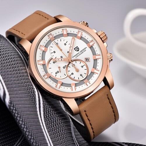 PAGANI DESIGN Top Quartz Mens Watch Calendar Chronograph Gold Plated Luxury Brand Leather Casual Sports Multifunction Watches