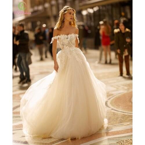 SSYFashion New Wedding Dress for Bride Romance Lace Appliques Boat Neck A-line Long Formal Wedding Gowns Vestido De Novia