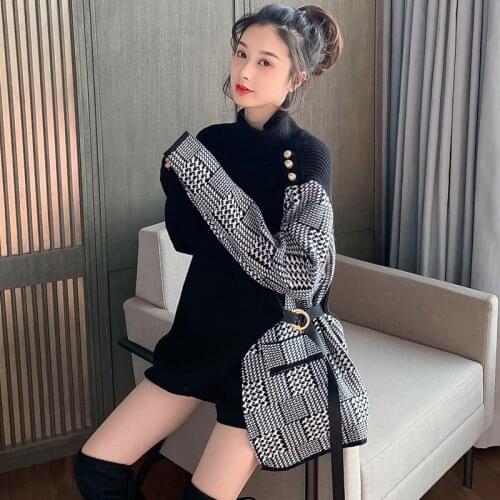 Korean Houndstooth Patchwork Sweater Women Autumn Winter Turtleneck Long Sleeve Loose Pullover knitted sweater pull femme