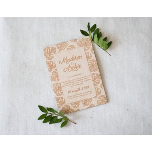 Tropical wedding invitations, Personalized Wooden wedding invitations,Wood invitation card, Monstera Invitation, Leaves monster