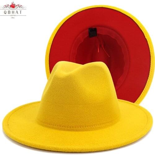 Unisex Outer Yellow Inner Red Patchwork Felt Jazz Hat Cap Men Women Flat Brim Wool Blend Fedora Hats Panama Trilby Vintage Hat