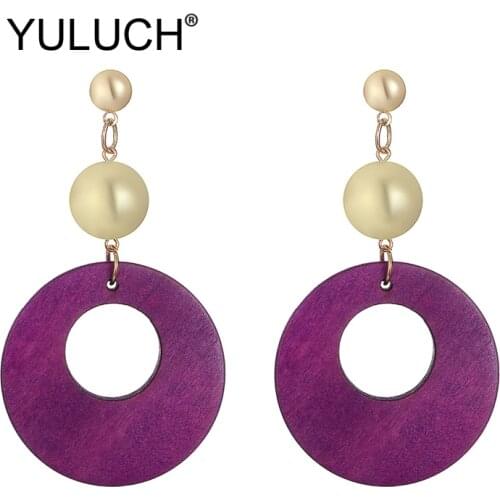 YULUCH Pop Women Purple Black Blue Round Hollow Wood Long Stud Earrings For Women Ethnic African Gold Beads Pom Pom Big Earrings