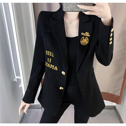 Women Blazers Jackets Single Breasted Embroidery Letter Female Casual Black England Vintage Manteau Outerwear