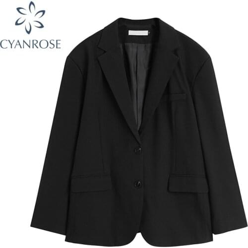 Elegant Vintage Casual Suit Coats Women Korean Fashion Loose Long Sleeve Blazer Office Ladies Single-Breasted Black Suit Coats