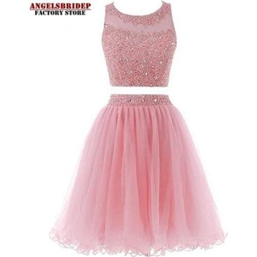 Two Pieces 1960S High Neck Homecoming Dresses Sexy Hollow Back Beading Tulle Short Cute 8th Grade Graduation Dresses Plus Size