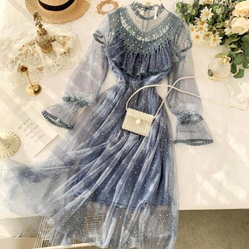 2021 Summer Women Flare Sleeve Pearl Bead Bling Sequin Mesh Gauze Ruffles Chic Dress Lady Elastic Slim Waist Pleated Midi Dress