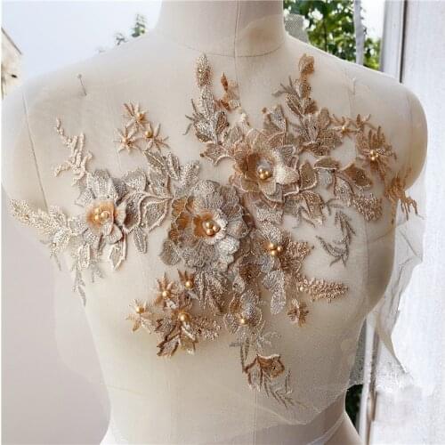 Gold Beaded Beautiful Large Piece Handmade Pearls Crystal Rhinestone Patch Wedding Dress Applique Accessories
