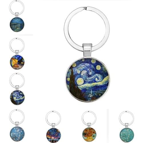 Starry Van Gogh Sunflower Round Glass Cabochon DIY Van Gogh Art Oil Pendant Keychain Mens and Womens Gifts