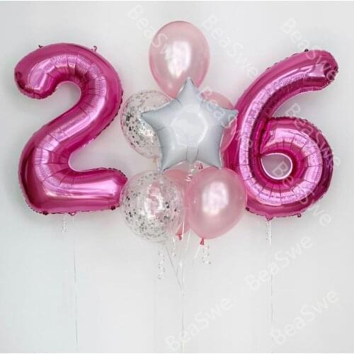 10pcs/lot Big Size 40 inch Pink Number 26 Foil Balloons helium with white star 10" latex Birthday Anniversary Party Decor Globos