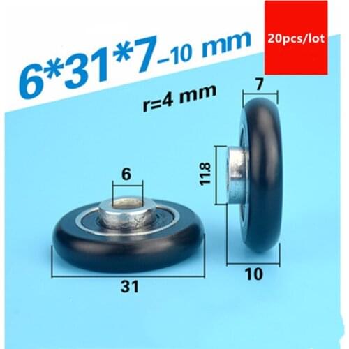 20pcs circular arc plastic coated bearing 6*31*7-10mm guide wheel black POM nylon pulley windows small wheel 6x31x7-10