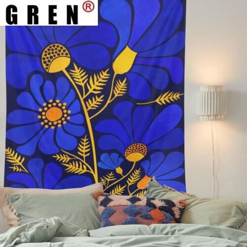 GREN Tapestry Blue Flower Boho Mandala Wall Hanging Covering Rugs Background Cloth Beach Mat Blanket Art Bedroom Dorm Home Decor