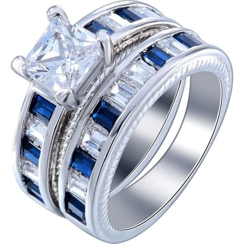 Hainon Luxury Fashion Wedding Ring sets For Women&men Silver Color Finger Rings Jewelry With Blue Red CZ zircon Party Gift Ring