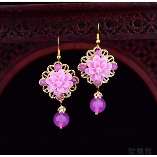 Exquisite Resin Flower Temperamental Color Retaining Copper Earrings Elegant Delicate Violet Crystal Eardrop Woman Bijoux