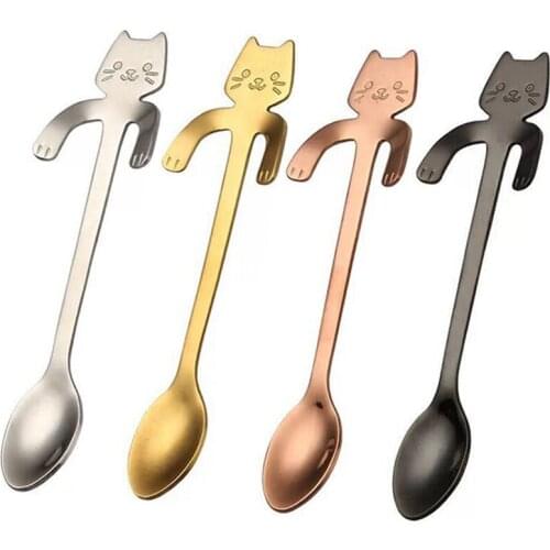 2Pcs Stainless Steel Coffee Spoon High Quality Silver / Gold / Rose Gold / Black Coffee Spoons Reusable Metal Mini Cat Teaspoons