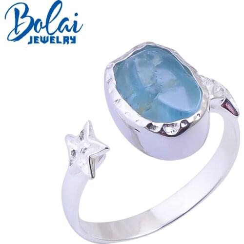 Bolaijewelry, 925 sterling silver handmadenatural aquamarine gemstone rough Simple adjustable ring
