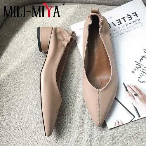 MILI-MIYA Concise Design Women Pumps Pointed Toe Slip-On Round Heels Full Genuine Leather Office&Career Casual Shoes Handmade