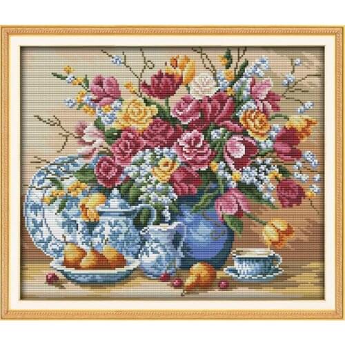 DIY Craft Needlework Fruit Plate and Vase Fruits And Flowers Home Decor Paintings DMC Counted Cross Stitch Kits for Embroidery