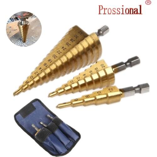 3pc Hss step drill bit set cone hole cutter Taper metric 4 - 12 / 20 /32mm 1 / 4 "titanium coated metal hex core drill bits