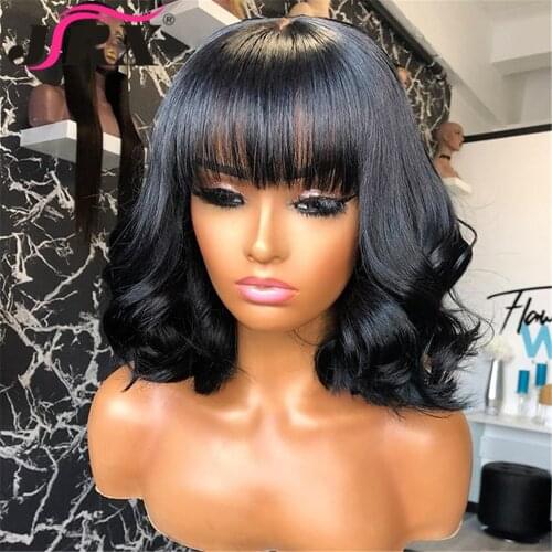 Loose Wave Human Hair Wigs with Bangs Full Machine Made Wigs for Women Brazilian Remy Human Hair Short Bob Wigs Black Fringe Wig