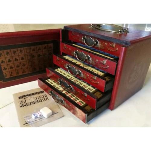 Portable Retro Mahjong 144 Tiles Mah-Jong Set In Leather drawer Box excellent