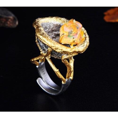 Retro Thai Silver Fashion Natural Opal S925 Sterling Silver Inlaid With Opel Exaggerated Vintage Personality Open Ended Ring