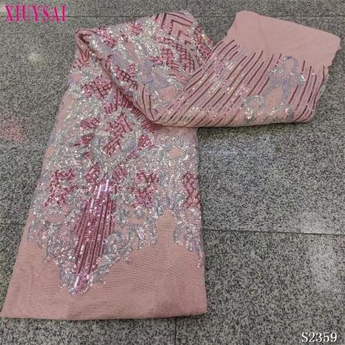 Pink African Lace Fabric High Quality Sequins Nigeria French Tulle Mesh Lace Fabric for Bridal Materials Sew