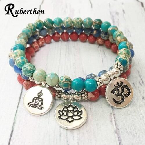 Ruberthen 2019 New Design 6 mm Regalite Bracelet Natural Stone Yoga Mala Chakra Bracelet Fashion Lotus Charm Bracelet for Women