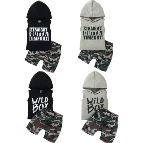 FOCUSNORM 4 Style Summer Infant Casual Kids Boys Clothes Sets Letter Hooded Sleeveless Tops Camouflage Shorts 2pcs