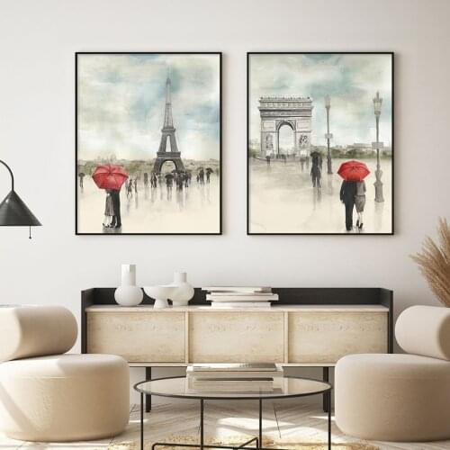 Vintage Paris Rainy Street View Eiffel Tower Poster Canvas Painting Wall Art Print Picture for Living Room Interior Home Decor