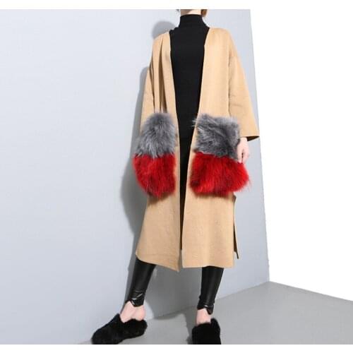 Free Shipping Fall 2021 Womens Fashion Knitted Jackets Designer Fashion Raccoon Fur Big Pocket Long Cardigan Jacket
