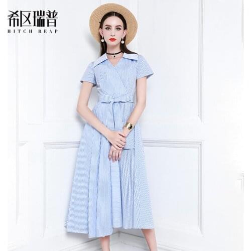 High End Cotton Temperament Stripe One Piece Lace Up V-Neck Irregular Long Skirt A Dress WomenS 2021 Summer