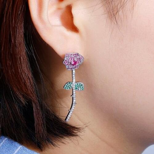 New Red Rose Flower Stud Earrings Inlay Blue Leaf Cubic Zircon Ears Stud Earings For Women Fashion Jewelry 2017 brincos AE293