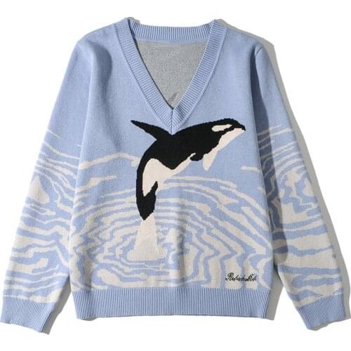 Women Fashion New Auturn Sweater V Neck Whale Jacquard Loose Sweater