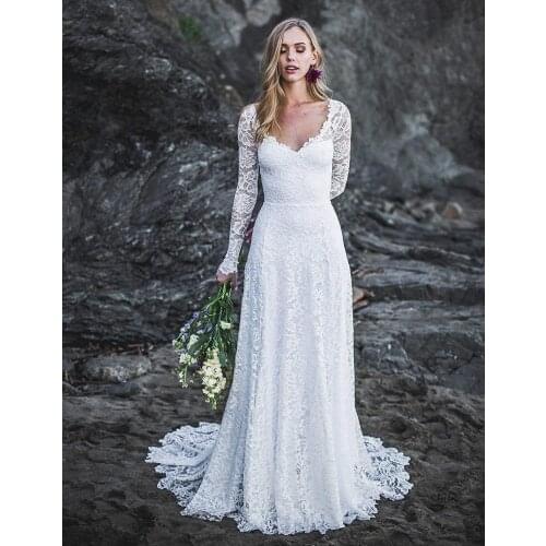 V-neck bridal wedding dress lace long-sleeved prom dress beach tail skirt womens dress open back ha42