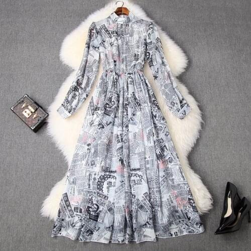 Chiffon Spring sexy Party Dress 2021 new Superior quality Print Letter Women long dress summer Full sleeve Elastic waist dresses
