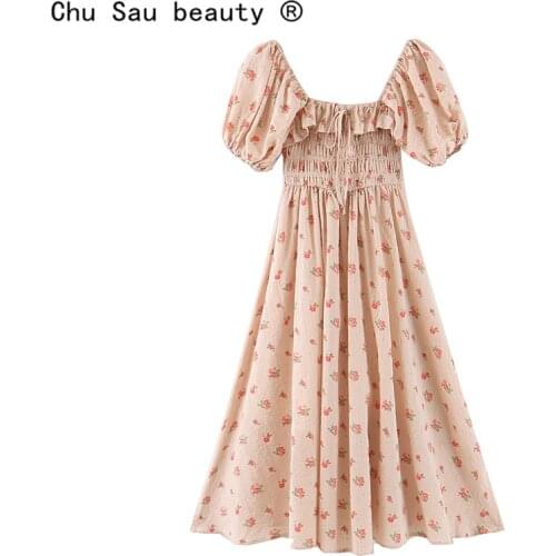 2020 summer vintage pastoral style sweet girl floral high waist square collar puff sleeve slim holiday long dresses for women