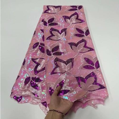 2021 Pink French Net Fabric Sequins Organza Mesh Lace Material African Tulle Cloth Dentelle Africaine Tela Tissu For Sewing JN6