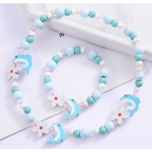3Pcs Cute Cartoon Wooden Flower Animal Child Sweater Bracelet Necklace Girls Birthday Gifts Children Jewelry Supplier