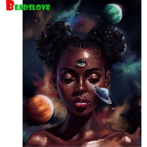 Planet african black girl diamond embroidery full square round 5d diy diamond painting cross stitch rhinestone pictures