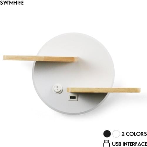 Aluminum Indoor Led Bedroom Wall Lamp Usb Port Decoration Wall Lights For Bedroom With Switch And Wood Storage Board SYTMHOE