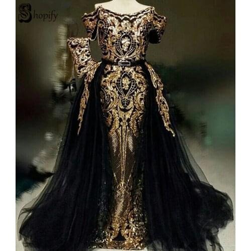Long Sparkly Elegant Evening Dress 2020 Mermaid Cap Sleeve Two Piece Gold Sequin African Detachable Black Formal Evening Gowns