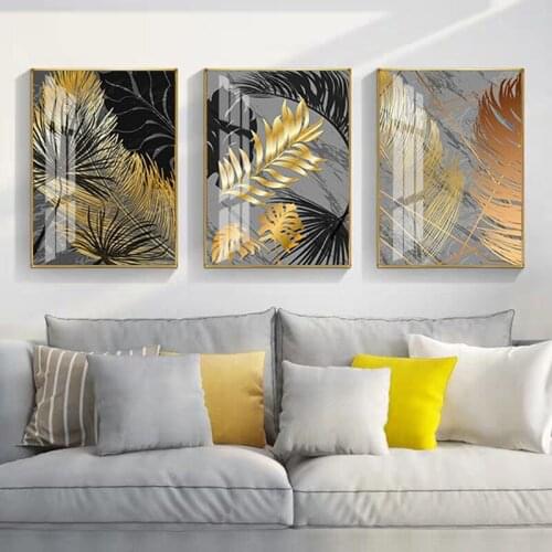 E-CZ Black gold leaf plants modern diamond painting abstract home decor wall art painting nordic picture living room